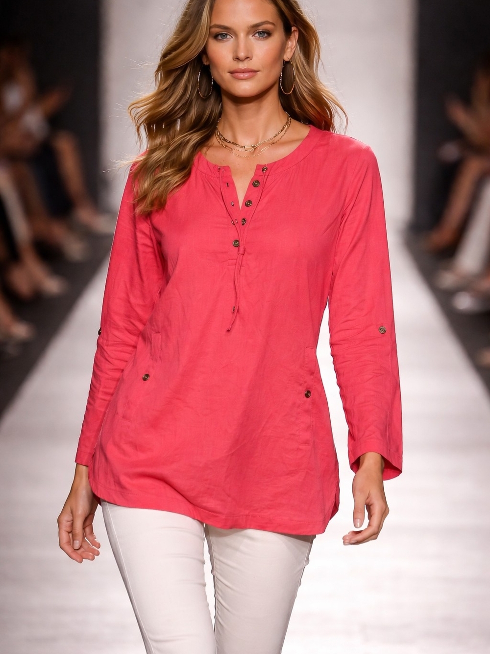 Kaktus Coral Henley Tunic Top